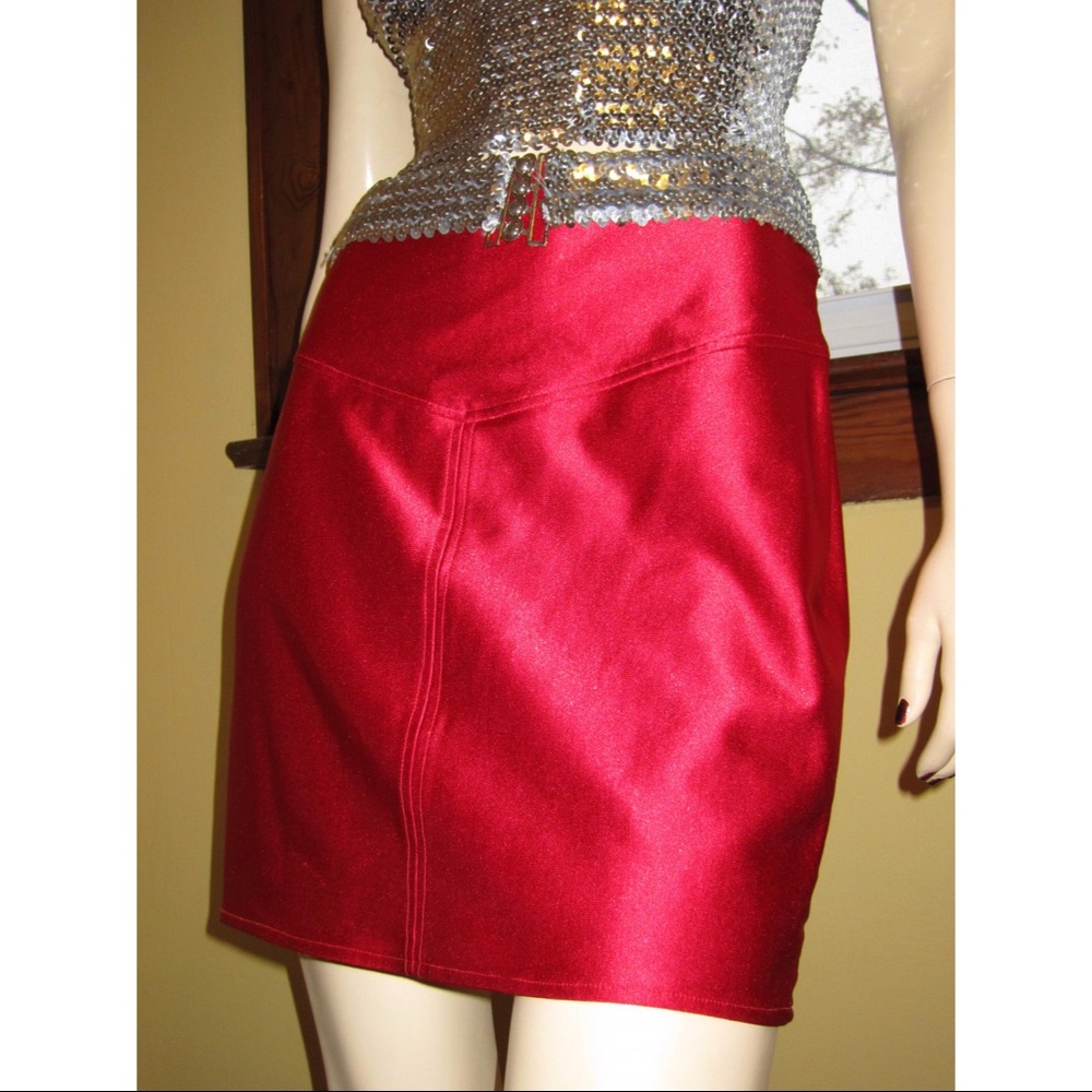 Vintage 80s MICHI RARE Skin Tight Thick Spandex RED DISCO Mini Skirt MICHI
